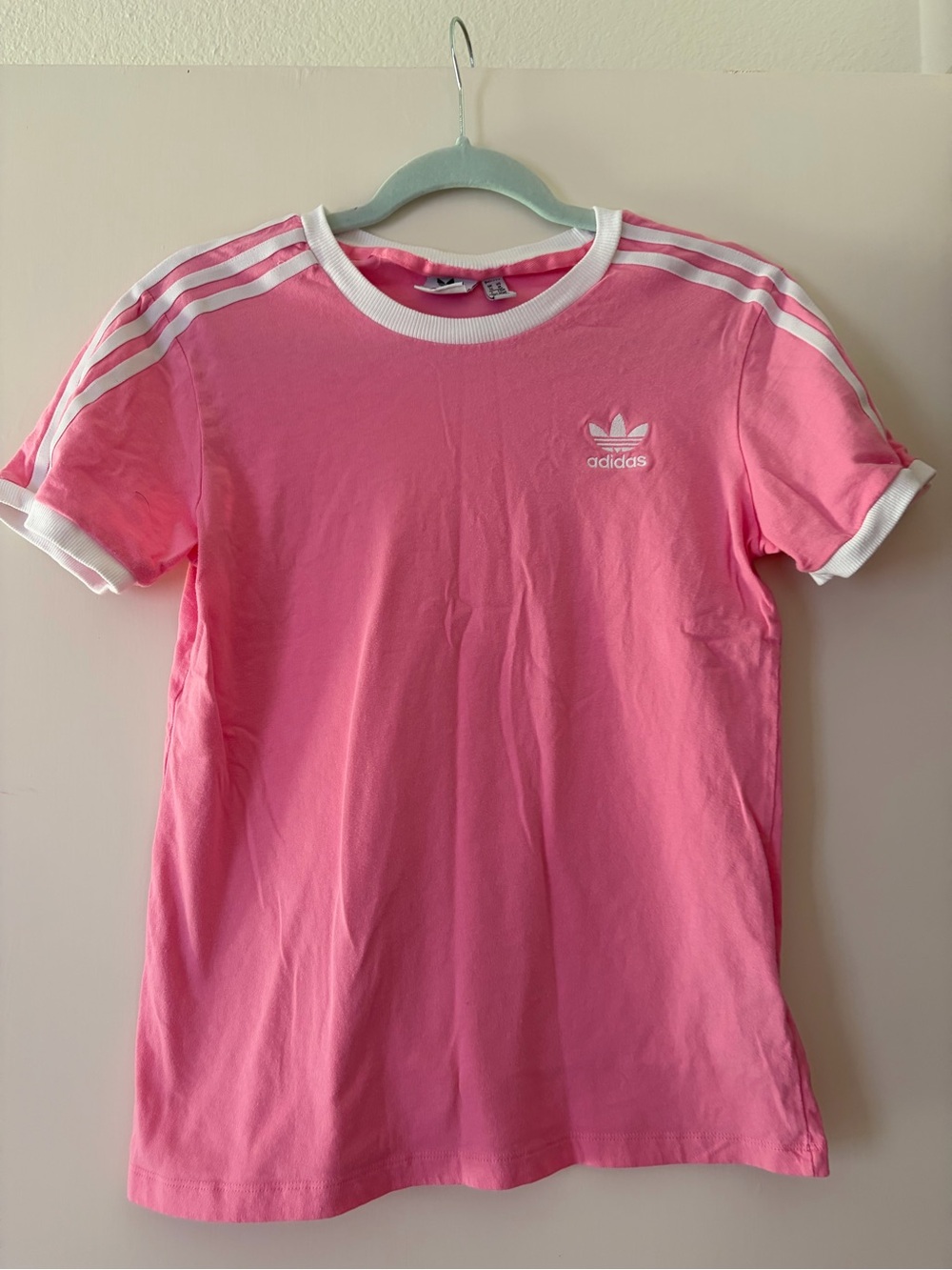adidas Pink Ringer Tee with White Trefoil & Stripes